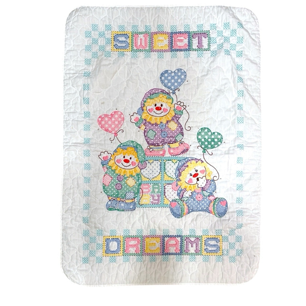 Vintage Clowns Cross Stitch Baby Quilt Sweet Dreams Balloons Handmade 28" x 39"